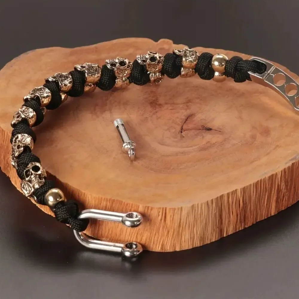 Men's Gothic Handmade Gold Skull Bracelet Adjustable Wristband Grunge Gorpcore